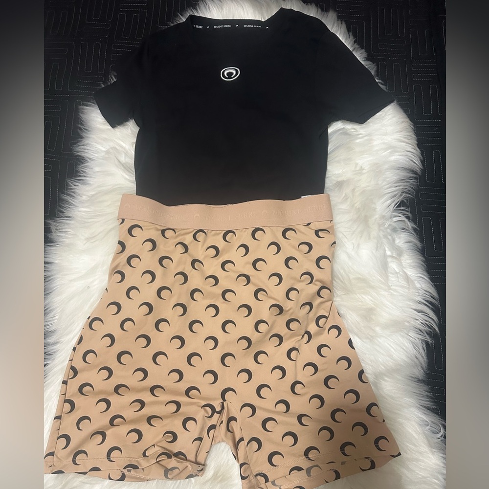 Marine Serre Black T-Shirt w/ Beige and Black Crescent Bike Shorts Set